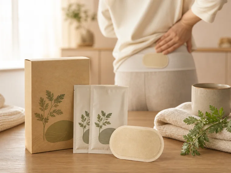 Smokeless mugwort warming patch kit used over clothing on the lower back
